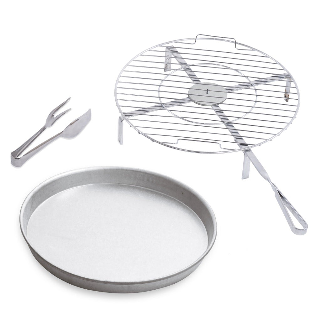 Alfa Forni BBQ 500 grilling kit with metal grill pan, round grill, and tongs on a white background.