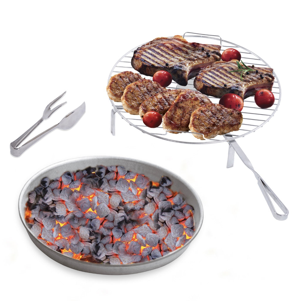 Alfa Forni BBQ grill with charcoal and steaks on a white background.