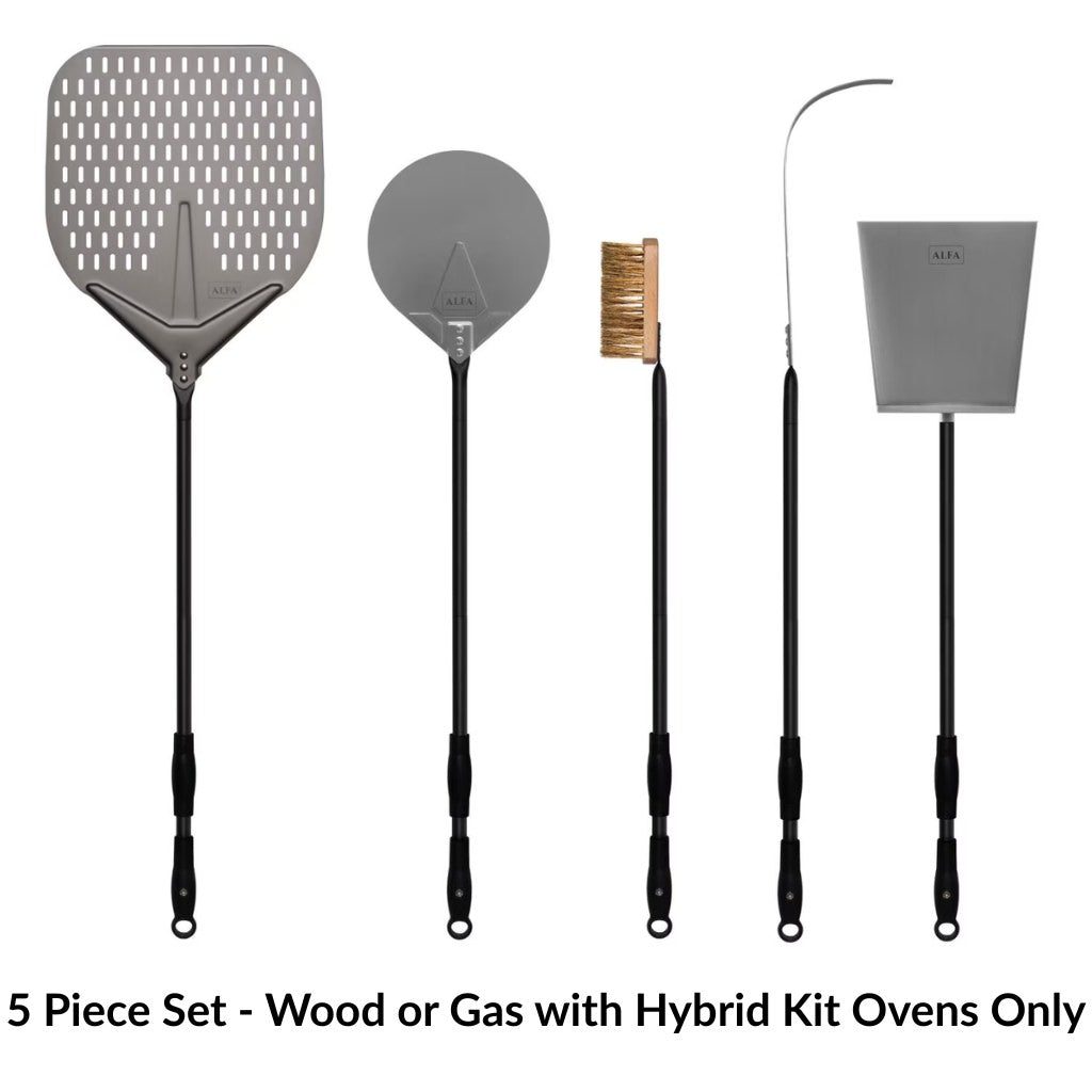Alfa Forni Pizza Peel Set 5 pieces with black handles on white background