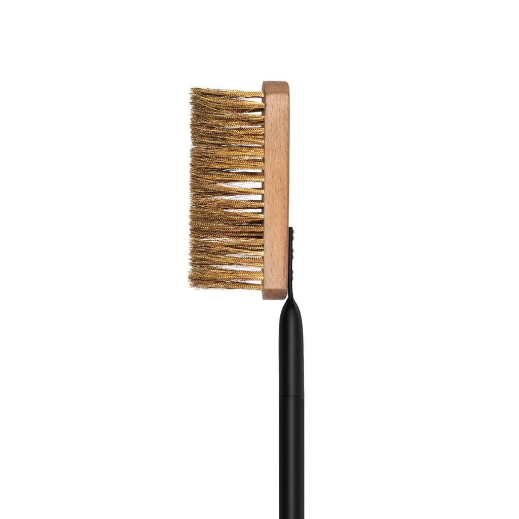 Alfa Forni Pizza Peel brass bristle brush with wooden handle and black handle on a white background