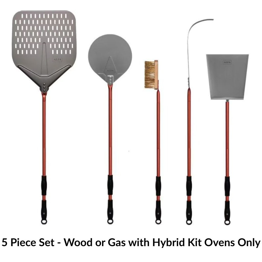 Alfa Pizza Peel Set 5 pieces with red handles on white background