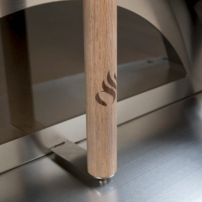 Forno Venetzia Bellagio 500 Mobile Wood Fired Pizza Oven Glass Door and Wood Handle Close Up View.