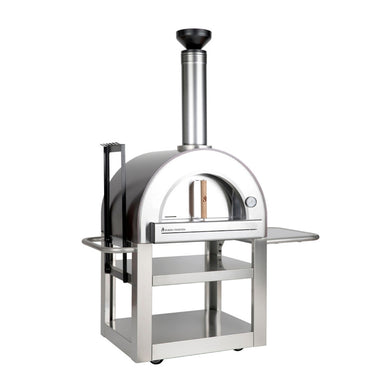 Forno Venetiza Pronto 500 Copper outdoor pizza oven front view with door closed and side shelf up.
