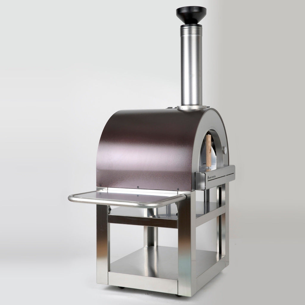 Forno Venetiza Pronto 500 Copper outdoor pizza oven side view with door closed and side shelf up.