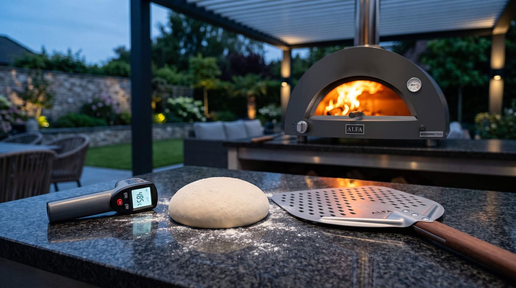 ALFA pizza oven with flames inside, with pizza dough, an infrared thermometer, and a perforated pizza peel on an outdoor kitchen counter.