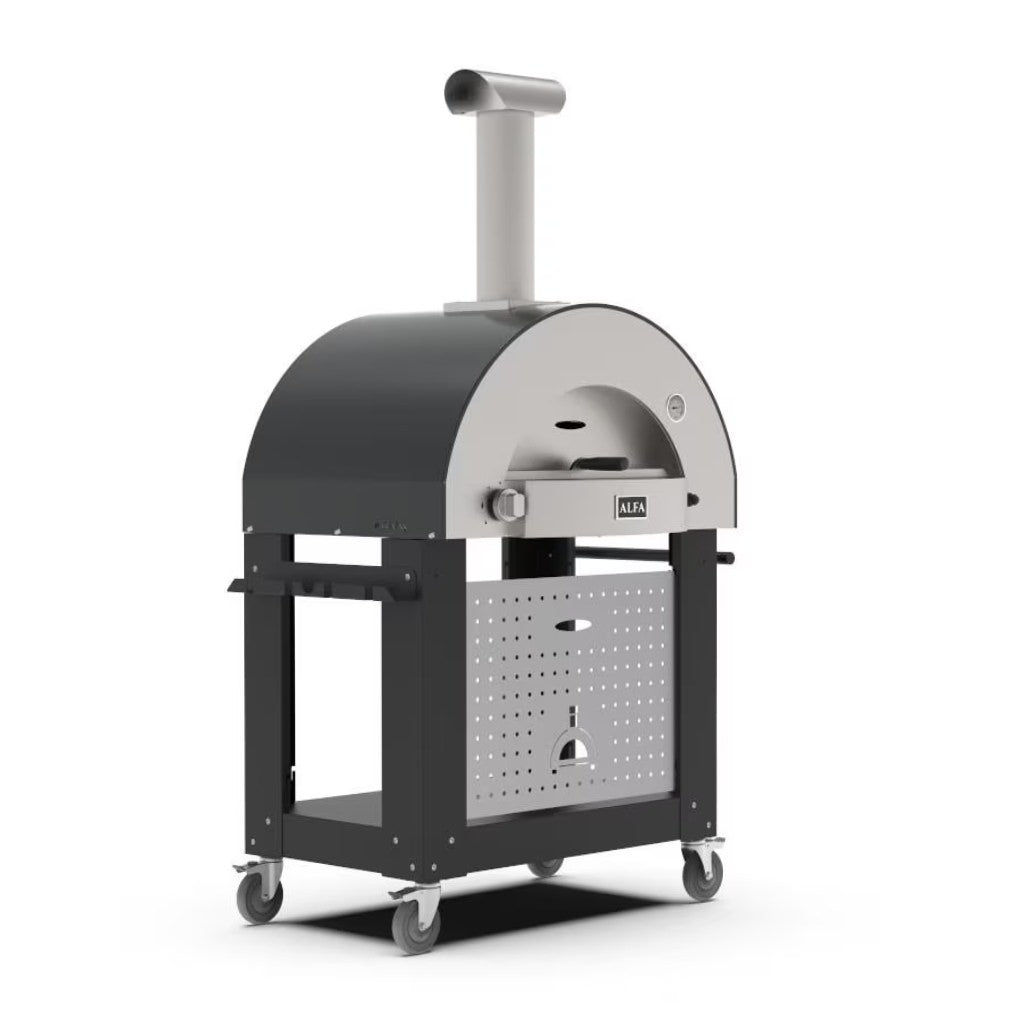 Alfa 2 Pizza Oven Base front left view with pizza oven on cart with white background