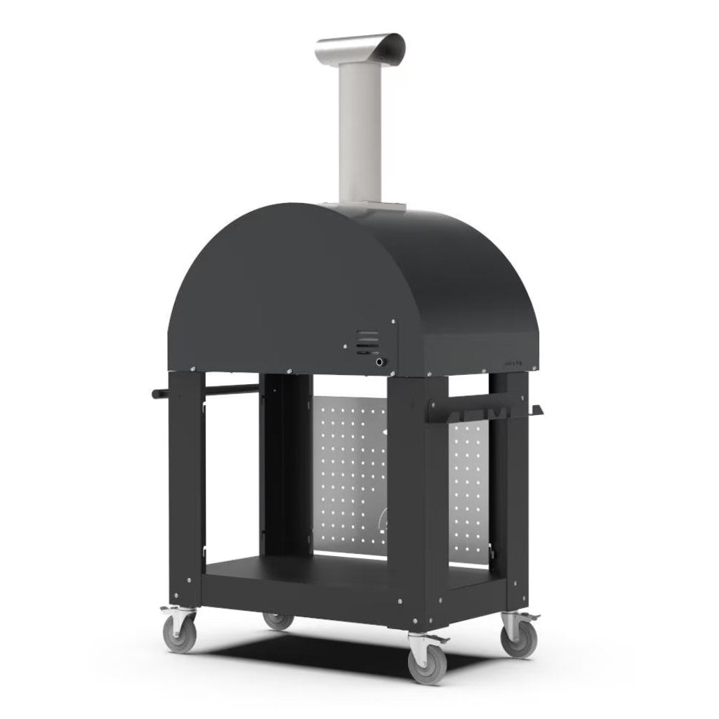 Alfa 2 Pizza Oven Cart back left view with pizza oven on stand with white background