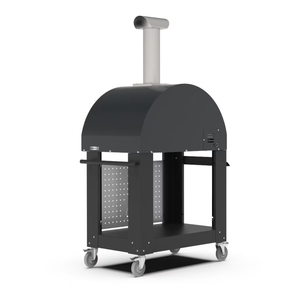 Alfa 2 Pizza Oven Stand back right view with pizza oven on cart with white background