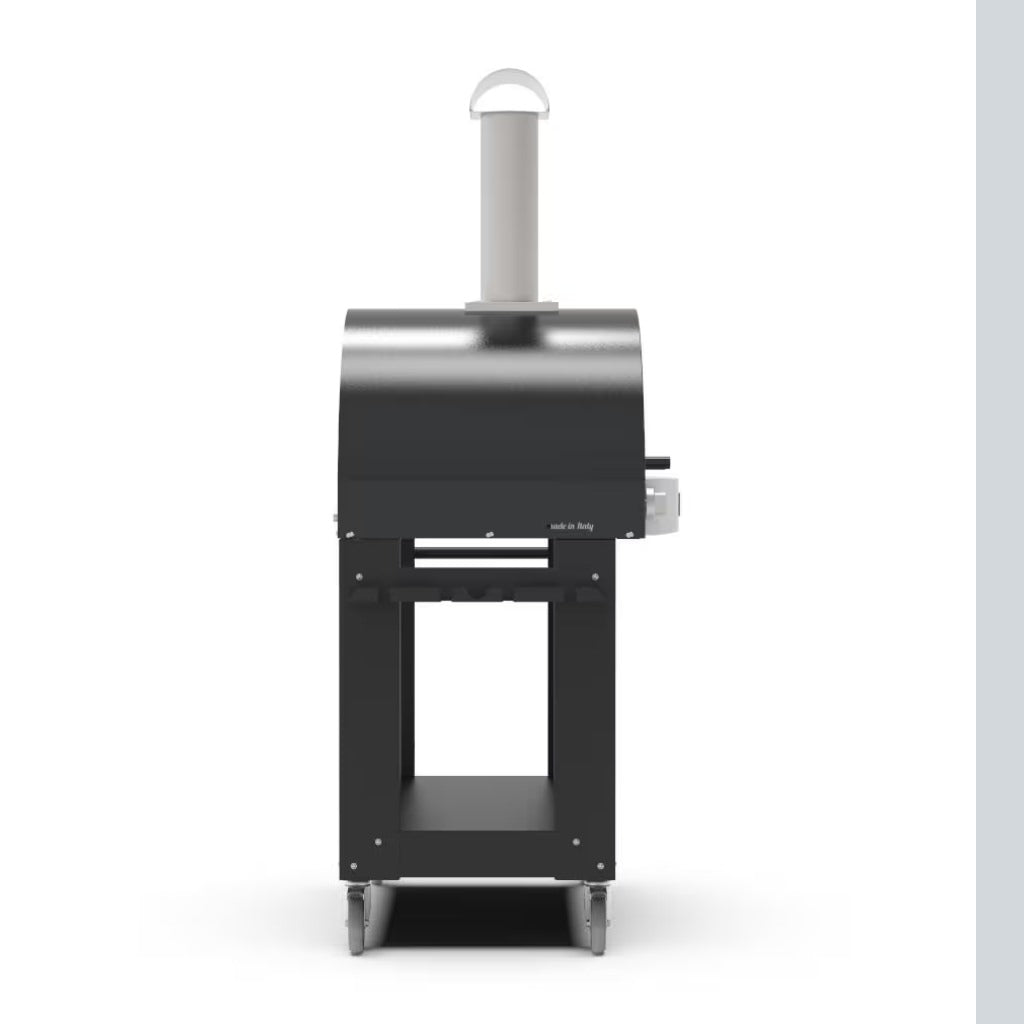 Alfa 2 Pizza Oven Stand left side view with pizza oven on cart with white background