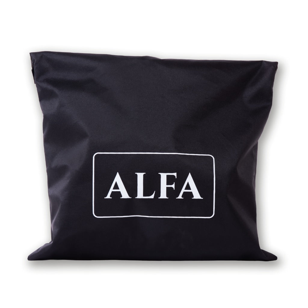 Alfa 5 Minuti Pizza Oven Cover in black carry bag with white 'ALFA' logo on front