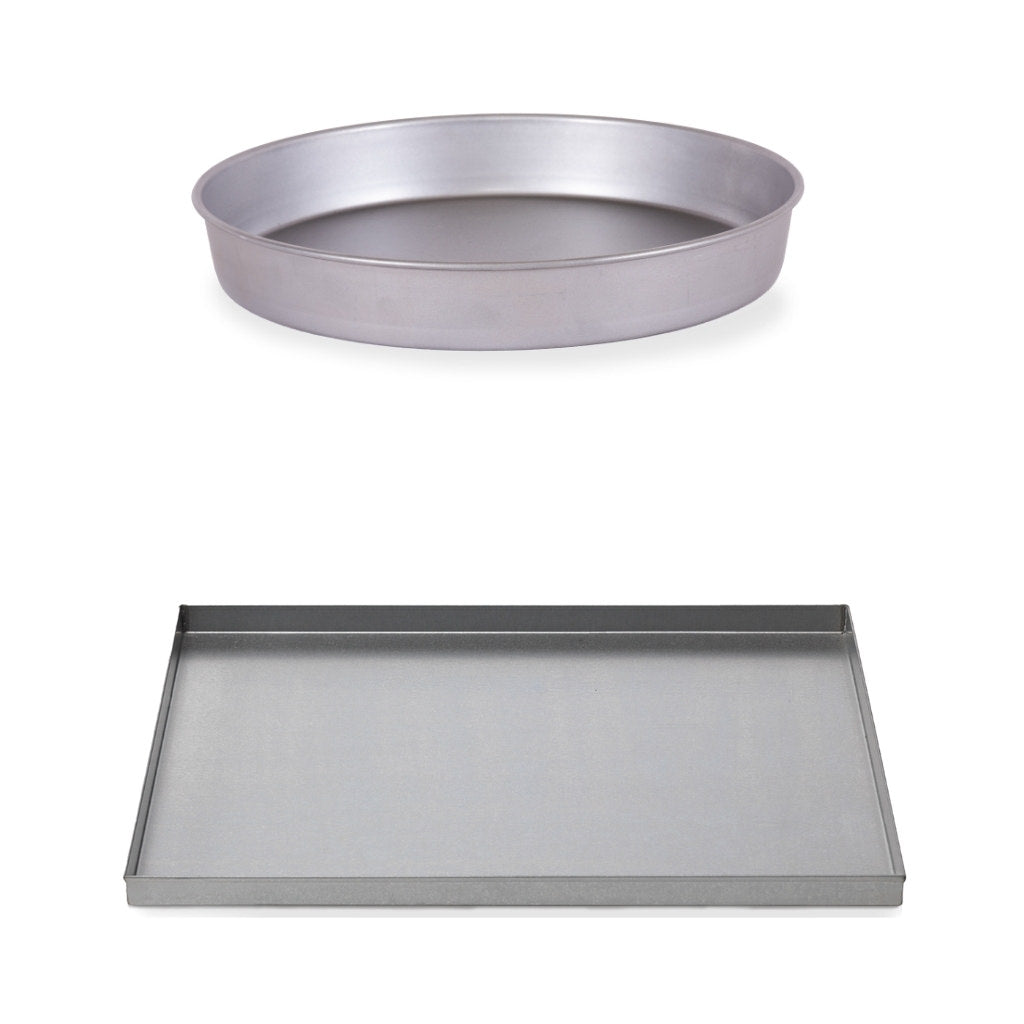 Alfa Baking Tray Set with one round tray and one rectangular tray on a white background
