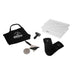 A pizza cutting and handling kit laid out on a white background, including a black Alfa Forni branded apron, a white pizza dough proofing box, black heat-resistant gloves, a black handled dough scraper, a metal pizza cutter, and a black infrared thermometer.