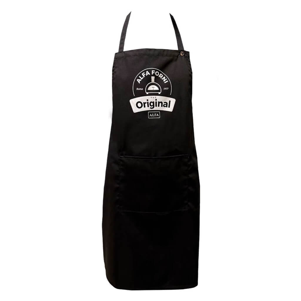 A black pizza kitchen apron with a white circular 'Alfa Forni Original' logo printed on the chest, featuring neck and waist straps and a front pocket, shown against a plain white background.