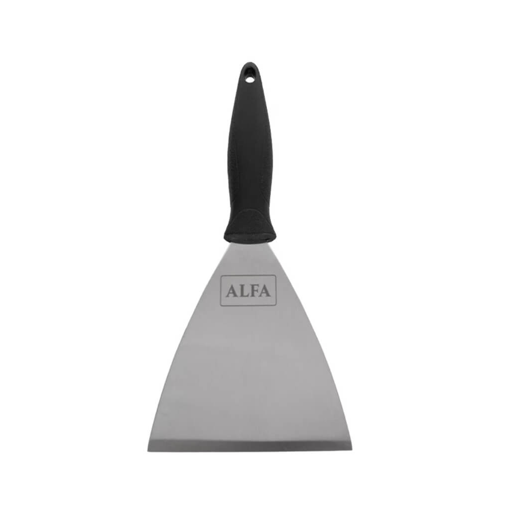 A metal dough bench scraper with a black plastic handle and the brand name 'ALFA' printed on the blade, shown against a plain white background.