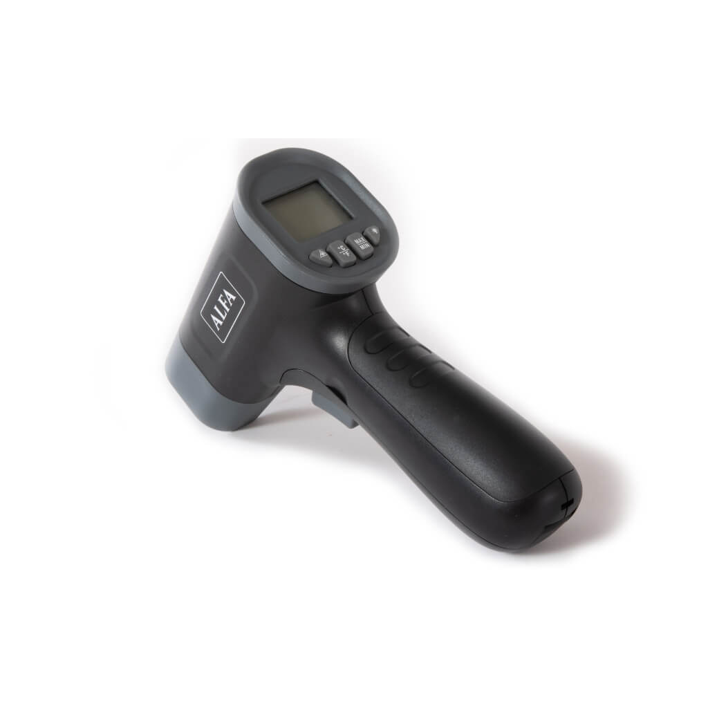 A black and gray digital infrared thermometer with a small LCD screen and buttons, featuring the ALFA logo on the side, shown on a white background.