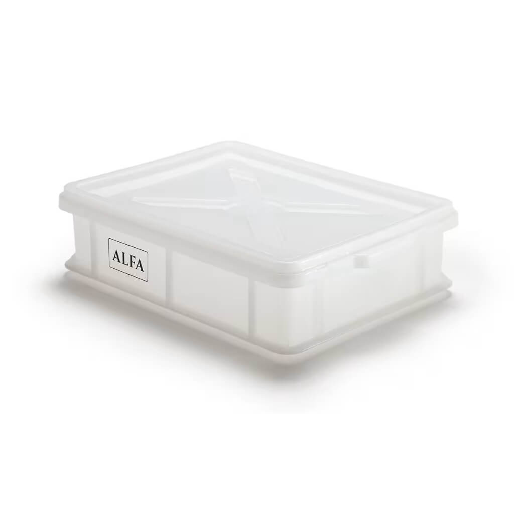A white dough proofing box with a matching lid, featuring a small white label on the side with the brand name 'ALFA'.