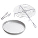 Alfa Forni BBQ 500 grilling kit with metal grill pan, round grill, and tongs on a white background.