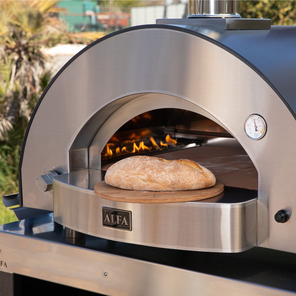 Alfa Forni Classico 4 Pizza Oven Baked Bread on Front of Oven on Pizza Prep Table