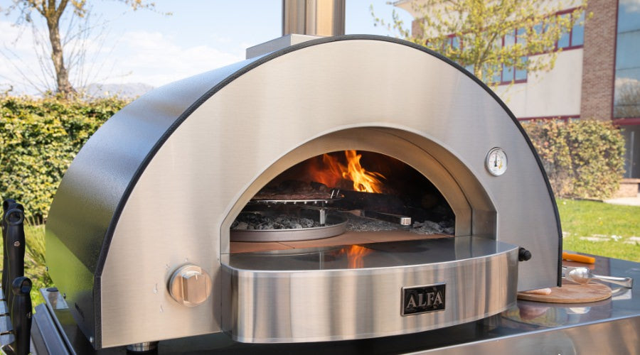 Alfa Forni Classico 4 Pizze Hybrid Oven with Alfa Barbecue Grilling Kit Fire Burning Inside