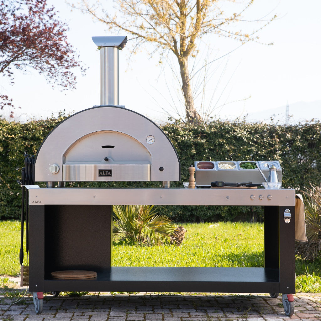Alfa Forni Classico 4 Pizze Oven on Pizza Preparation Table in Backyard