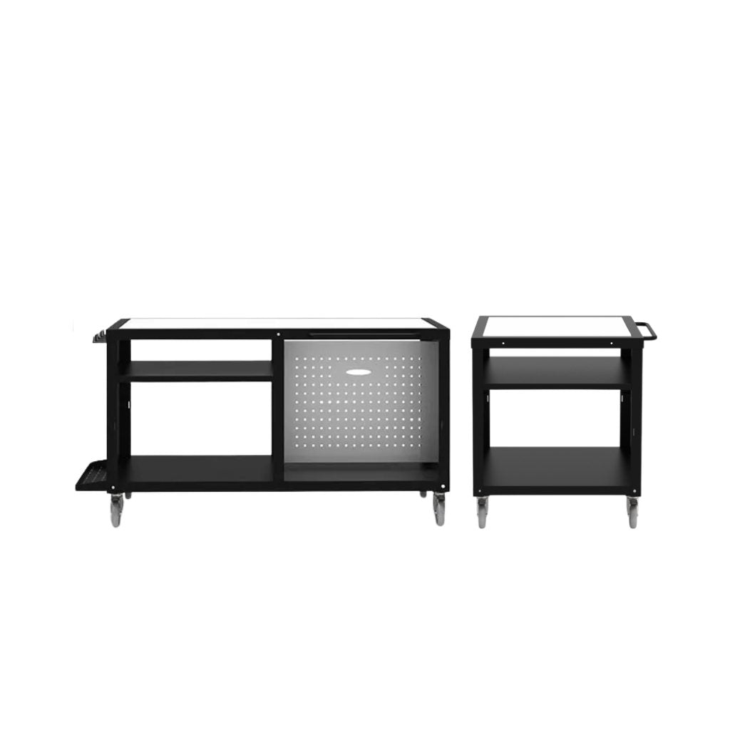 Alfa Forni Cooking Station 160 and 80 with white corian  tops pictured together on white background.