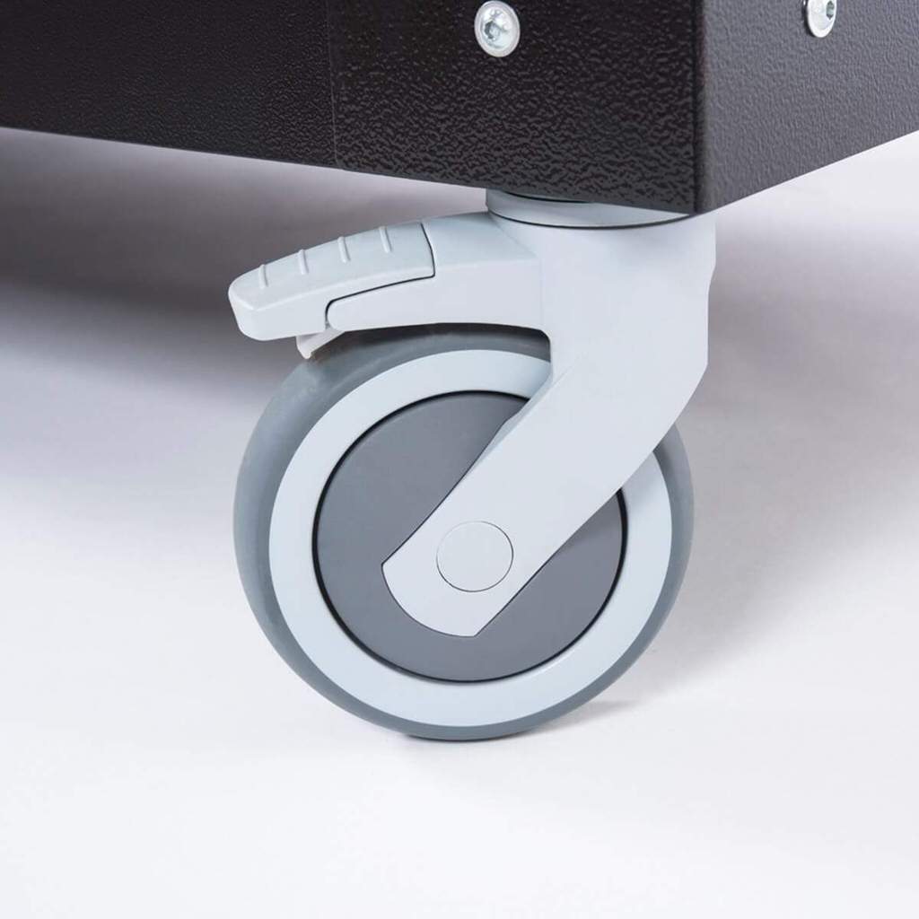 Alfa Forni Table close-up view of one of the four caster wheels used on the table