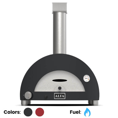 ALFA Moderno 1 Pizza outdoor gas pizza oven in Anthracite Grey with a dark grey exterior, stainless steel door and chimney, shown on a white background with color and fuel options displayed at the bottom.