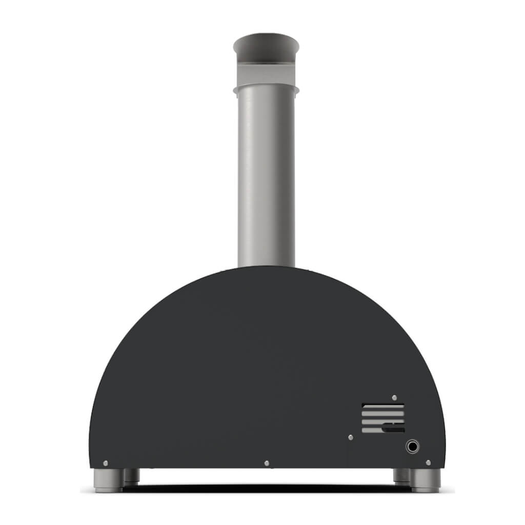 A modern ALFA Moderno 1 Pizza outdoor gas pizza oven in Anthracite Grey with a semi-circular dark grey body and a tall silver chimney pipe, shown from the back against a white background.