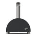 A modern ALFA Moderno 1 Pizza outdoor gas pizza oven in Anthracite Grey with a semi-circular dark grey body and a tall silver chimney pipe, shown from the back against a white background.