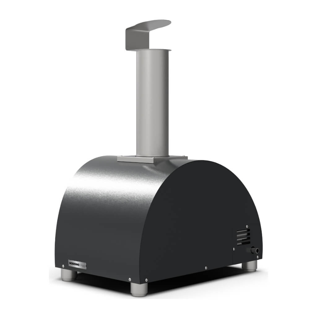 An ALFA Moderno 1 Pizza outdoor gas pizza oven in Anthracite Grey with a black-grey arched base, silver metal chimney, and silver legs, shown on a plain white background.