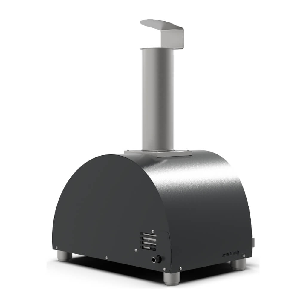 A modern ALFA Moderno 1 Pizza outdoor gas pizza oven in Anthracite Grey with a dark charcoal gray arched body and a silver metallic chimney stack, shown on a plain white background.