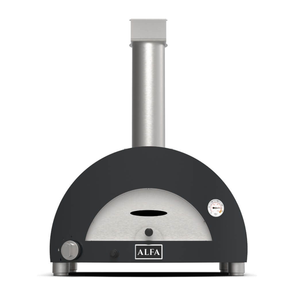 An ALFA Moderno 1 Pizza outdoor gas pizza oven in Anthracite Grey with a dark grey semi-circular body, a brushed silver stainless steel door and chimney, and silver legs, shown against a plain white background.