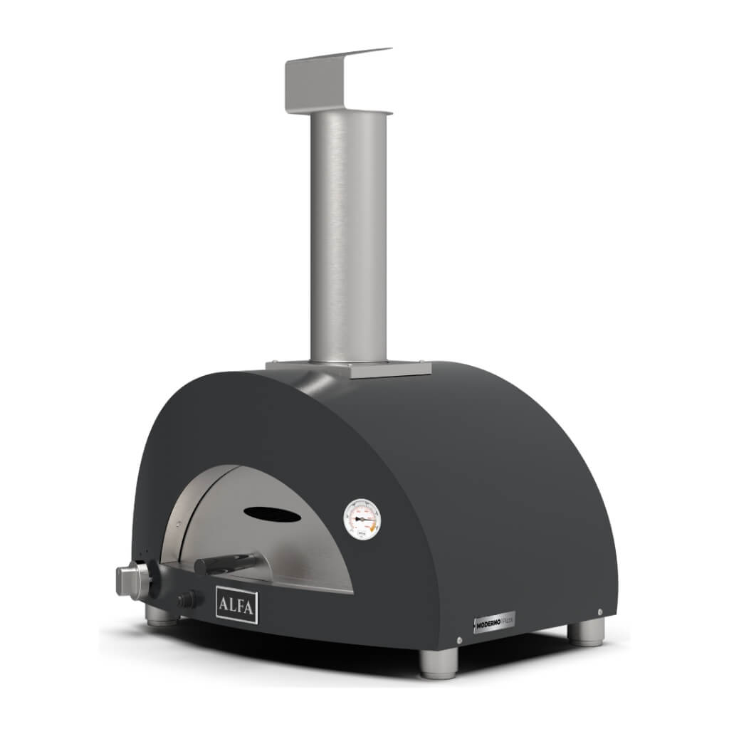 An ALFA Moderno 1 Pizza outdoor gas pizza oven in Anthracite Grey in matte dark grey with a brushed stainless steel chimney and door, featuring a front-loading door and a visible ALFA brand badge on a white background.