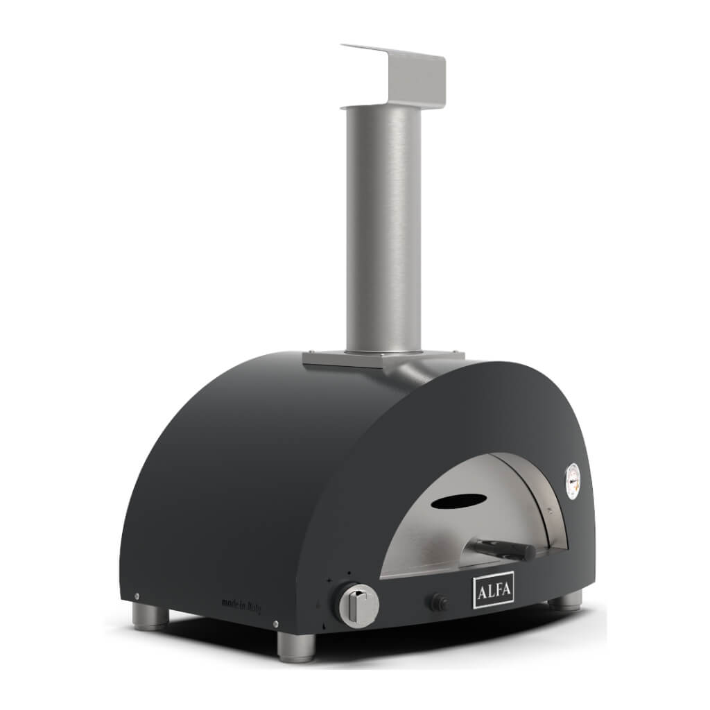 ALFA Moderno 1 Pizza outdoor gas pizza oven in Anthracite Grey with modern outdoor pizza oven with a matte grey dome-shaped body, a silver stainless steel chimney stack, and a silver front door, shown on a plain white background.