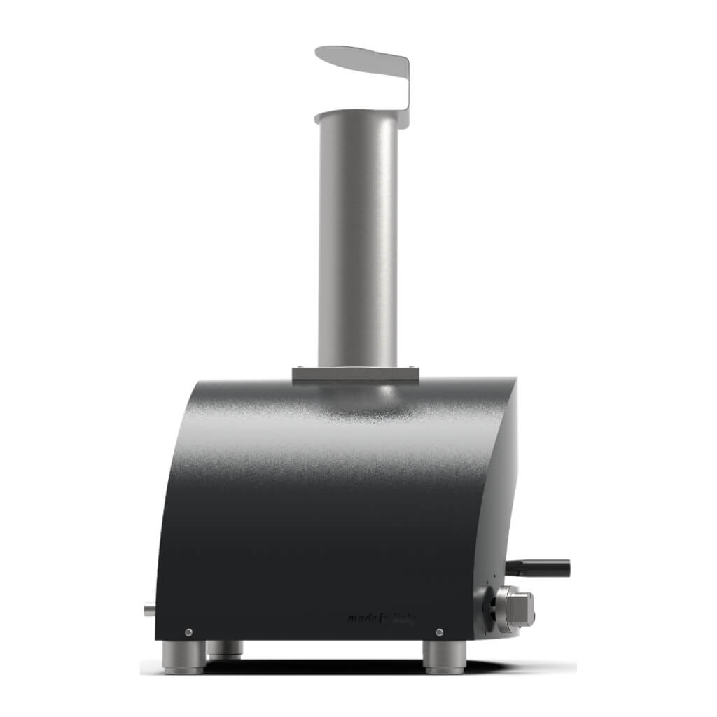 A modern ALFA Moderno 1 Pizza outdoor gas pizza oven in Anthracite Grey wood-burning stove with a chimney stack and side handle, shown on a plain white background.