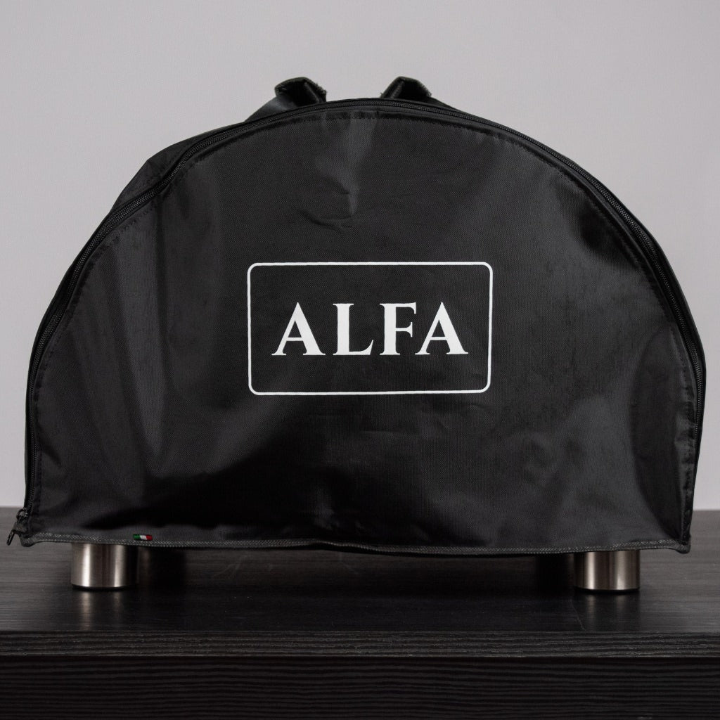 Alfa Moderno Portable Pizza Oven Cover in black with the 'Alfa' brand logo in white text on the front