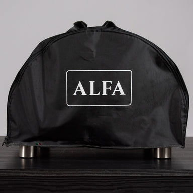 Alfa Moderno Portable Pizza Oven Cover in black with the 'Alfa' brand logo in white text on the front