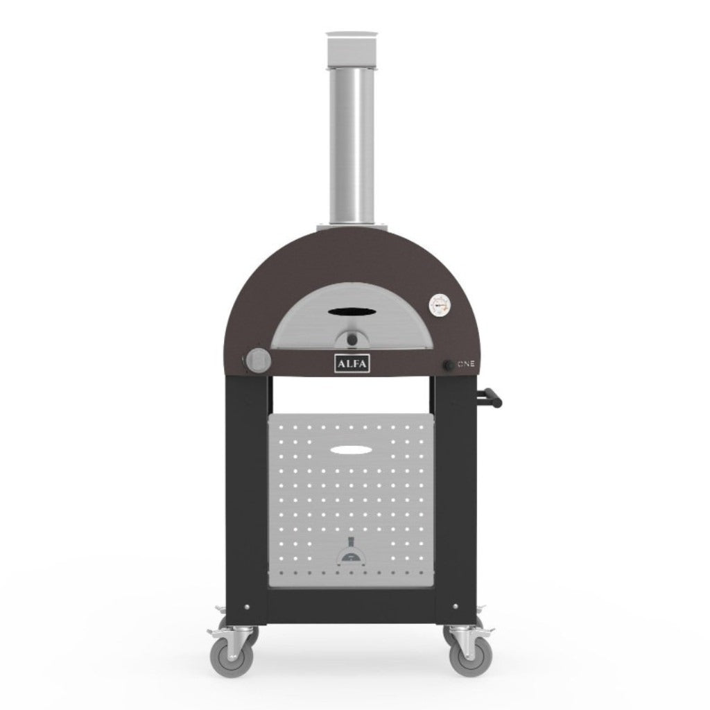 Alfa Nano Pizza Oven Stand in black with pizza oven installed on top front facing view on white background