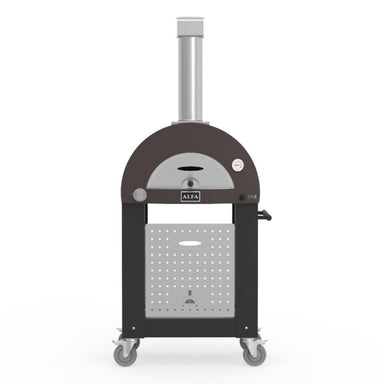 Alfa Nano Pizza Oven Stand in black with pizza oven installed on top front facing view on white background