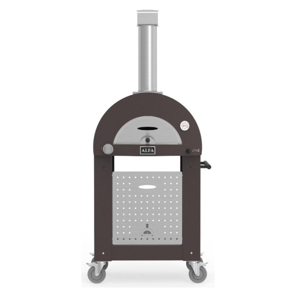 Alfa One Pizza Oven Stand in copper with pizza oven installed on top front facing view on white background