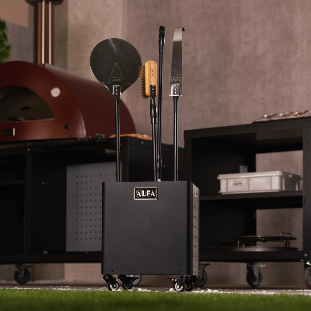 Alfa Peel Holder with tool set inside cart in an outdoor setting.