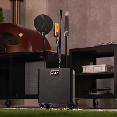 Alfa Peel Holder with tool set inside cart in an outdoor setting.