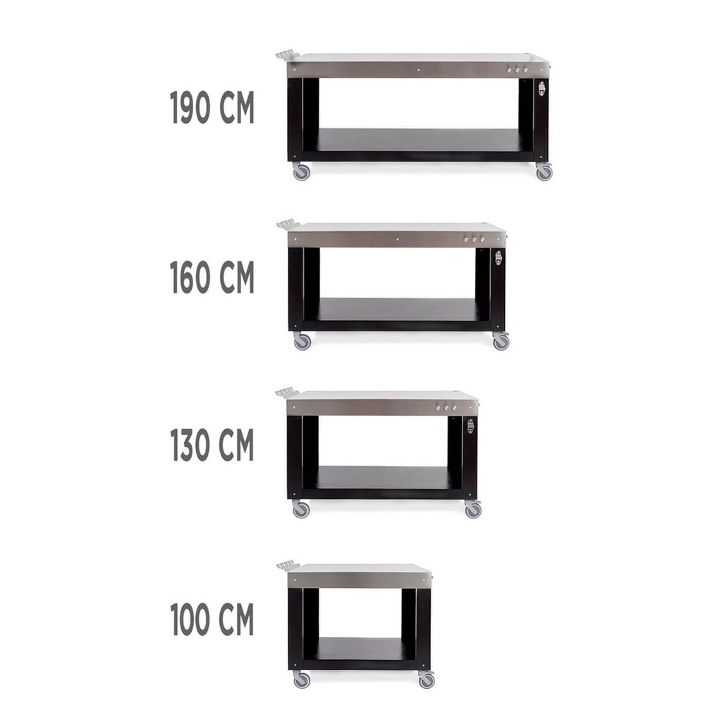 Alfa Pizza Oven Table comparison view of all four models with labeled dimensions in centimeters on a white background
