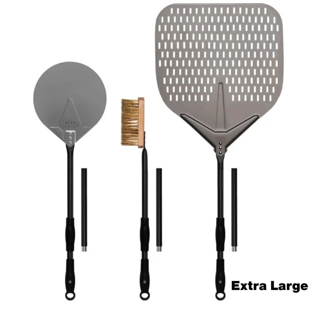 Extra Large Alfa Pizza Peel Set with its pizza peel, turning peel, and brush