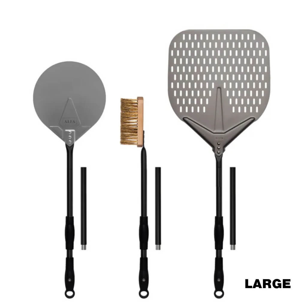 Large Alfa Pizza Peel Set with its pizza peel, turning peel, and brush