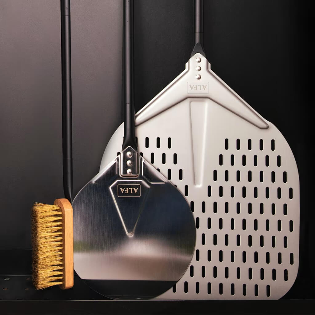Alfa Pizza Peel Set with a pizza peel, turning peel, and brass bristle brush