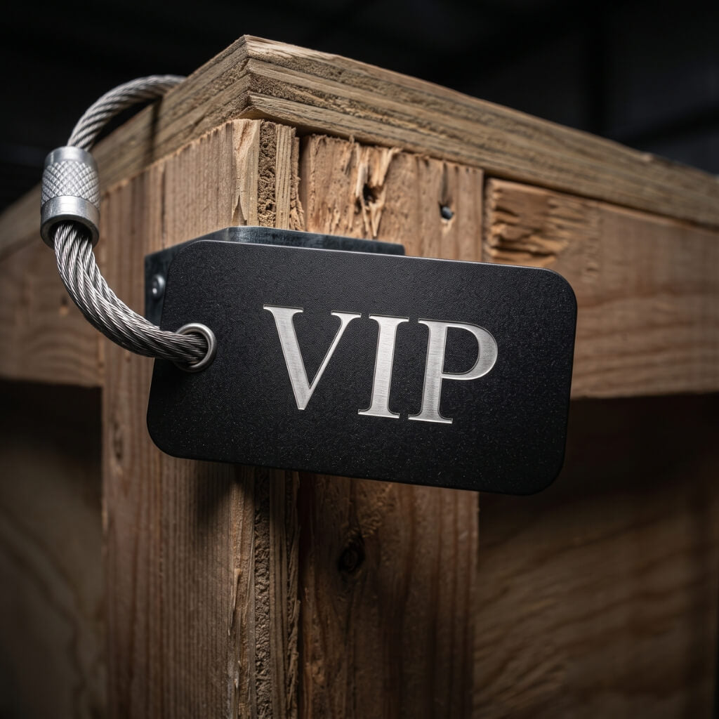 A black rectangular metal tag with silver 'VIP' lettering, attached to a silver cable lock, shown hanging on a rustic wooden pallet.