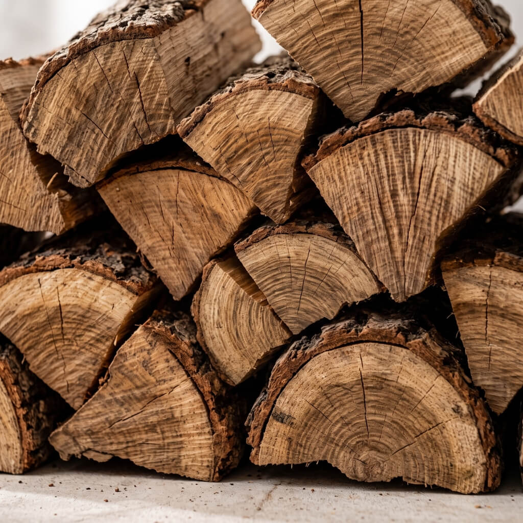 Close-up of stacked split oak cooking wood showing the cut ends and natural bark.
