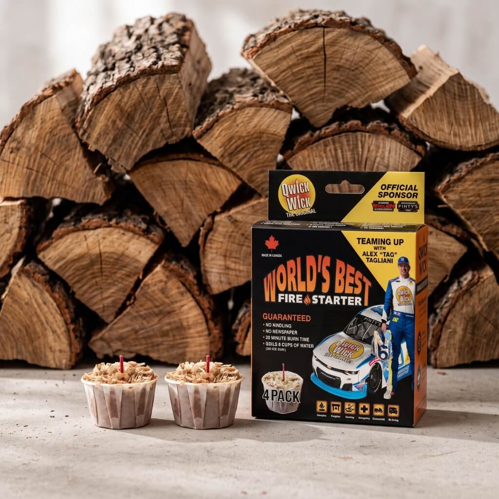 Split oak firewood with a Qwick Wick fire starter box and two individual fire starters arranged as a pizza oven fuel bundle.