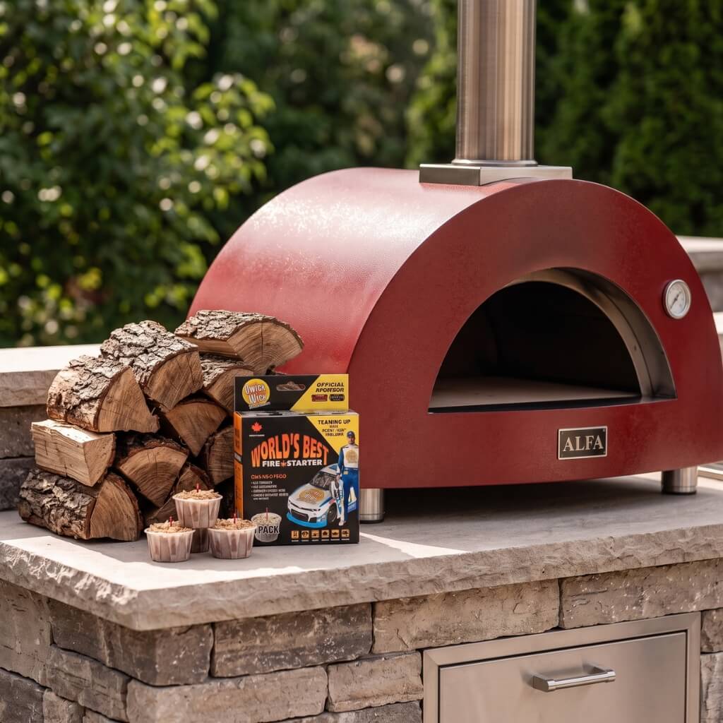 Red Alfa outdoor pizza oven with split oak firewood and Qwick Wick fire starters on a stone outdoor kitchen counter.